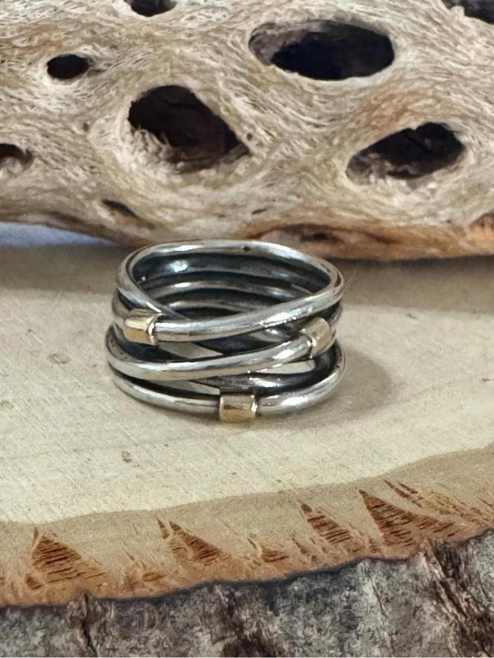 Pandora 925 Sterling Silver 14K Accents Crossover Wide Ring Size 6.5 190383